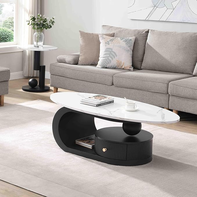 Marble Nesting Coffee Table Set of 2,Modern Oval Center Tea Table and Round Side Nightstand Set w/Drawer andFaux Marble Top and Metal Frame for Living Room Accent Furniture (Black White)