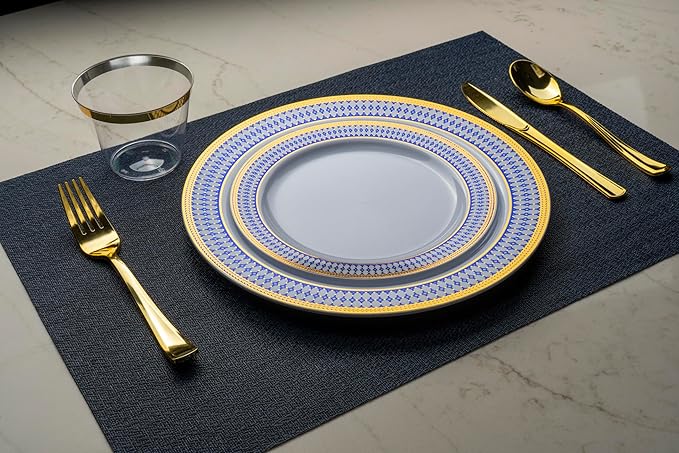 MONEST 350Pcs Blue and Gold Plastic Silverware Set for 50 Guests, Disposable Dinnerware Set includes: 50 Pre Rolled Napkins with Utensils, 50 Dinner Plates, 50 Dessert Plates, 50 Cups (Royal Sapphire)
