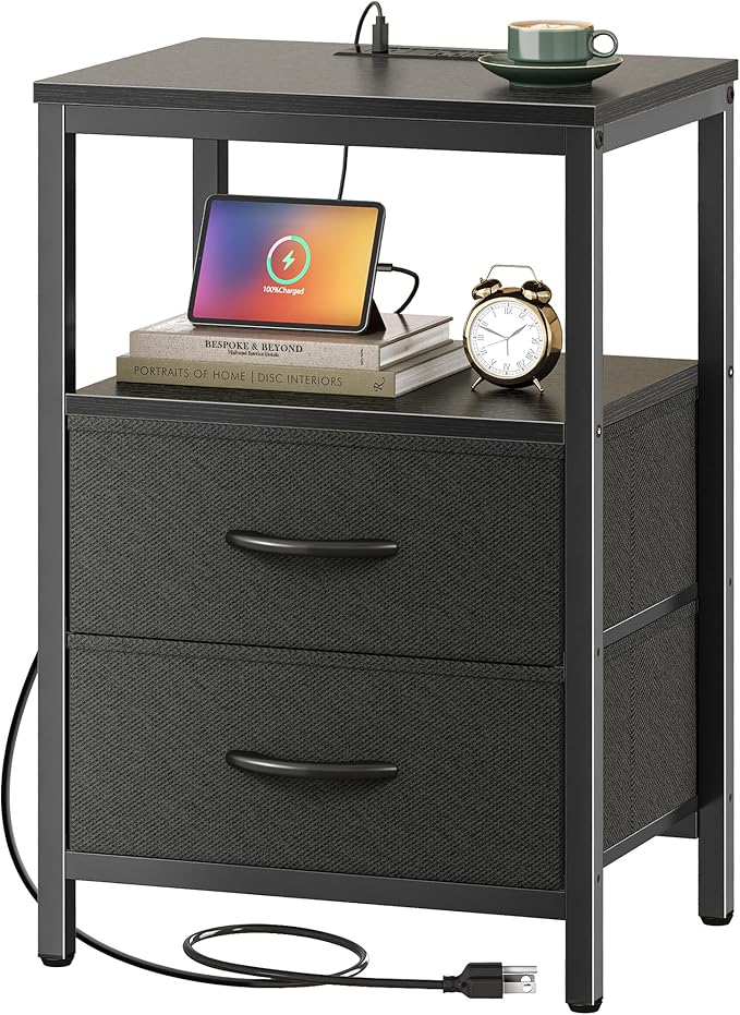 Huuger Nightstand with Charging Station, Side Table with Fabric Drawers, End Table with Open Shelf, Bedside Table with USB Ports and Outlets, Night Stand for Bedroom, Black
