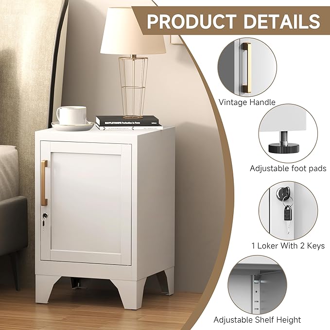 Metal NightStand Storage Cabinets with Lock and Adjustable Shelf,Metal Lockable End Table,Small Side Table,Bedside Table for Home, Office,Living Room,Garage, School(Assembly Required/White)