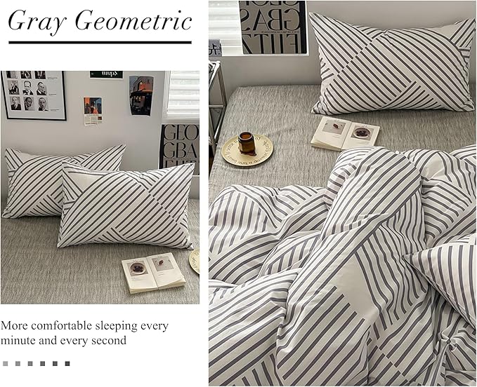 VM VOUGEMARKET Gray Striped Duvet Cover Set, 100% Cotton Geometric Bedding Set,3 Pieces Instagram Style Simple Modern Duvet Cover with 2 Pillowcases-Queen,Gray Stripes