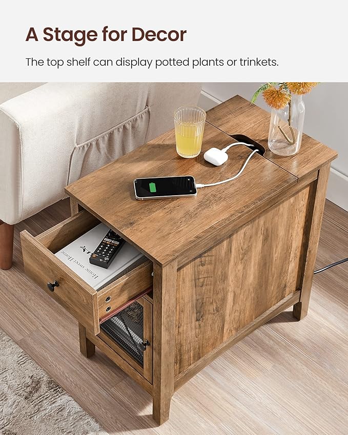 VASAGLE Side Table with Storage, End Table with USB Ports and Outlets, Nightstand with Charging Station, Drawer, Storage Cabinet, Magazine Rack, for Living Room, Bedroom, Rustic Walnut ULET312T41