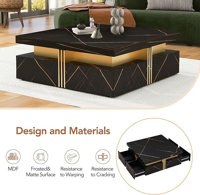 Merax Coffee Table, Modern Square Coffee Table with 4 Drawers, Contemporary Luxury Center Table Cocktail Table with Gold Accents for Living Room, 43.3" Lx 43.3" W (Black)