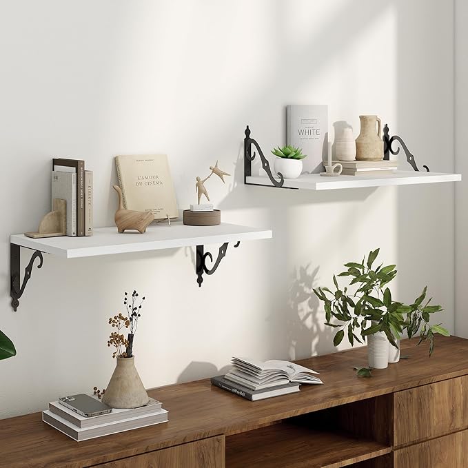 Floating Shelves for Wall, 24"W x 8"D Wall Shelves, 12 Inch Deep Floating Shelf with Bracket, 24 Inch Floating Shelves for Living Room and Bathroom, Display & Storage Shelves, White, Set of 2