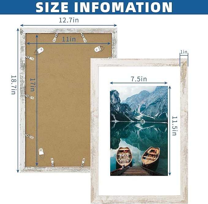11x17 Frame Set of 2, Distressed White Wood Style - Display 11 x 17 Poster without Mat or 8x12 Picture with Mat, Wall Mounting Horizontal and Vertical