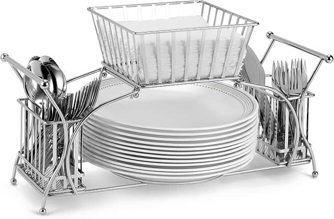 Sorbus Utensil Caddy — Use For Napkin, Cutlery, Plate Holder — Stackable Flatware Caddy, Tabletop Organizer — Ideal for Dining Table, Party, Buffet, Kitchen, Entertaining (Silver)