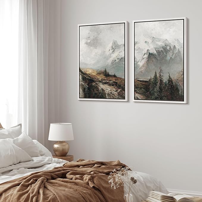 MUDECOR Framed Canvas Print Wall Art Majestic Snow-Capped Mountains Alpine Wilderness Nature Wilderness Illustrations Realism Decorative Scenic for Living Room, Bedroom, Office - 16"x24"x2 White