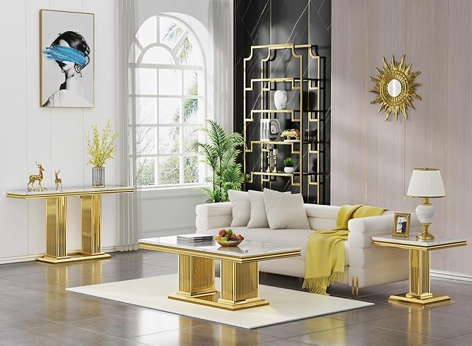 SSLine Modern White Faux Marble Console Table Luxury Entryway Table with Gold Pedestal Base 46.8" Mid-Century Elegant Sofa Table w/Mirrored Stainless Steel Frame for Living Room Hallway