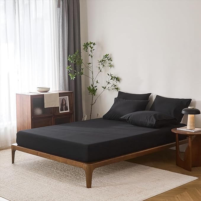 100% Cotton 6-Piece Queen Size 102" x 90" Bedding Set - Fitted Sheet, Flat Sheet & 4 Pillowcases with 17" Deep Pocket,Soft Breathable Bed Sheets for Cozy Sleep,Black