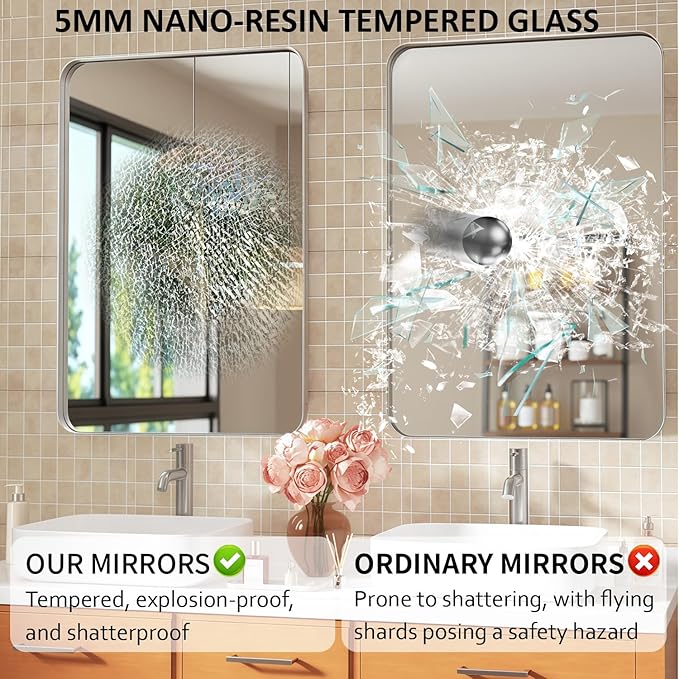 24×36 Silver Bathroom Vanity Mirror for Over Sink - Decorative Bathroom Mirrors with & Tempered Glass for Bedroom, Hallway, Living Room, Horizontal/Vertical Wall Mounted, Rounded Rectangle Frame