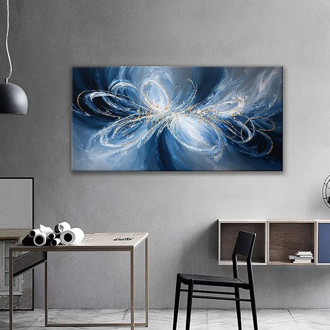 Abstract Wall Art Decor White Blue Wall Art For Living Room Decor Ready To Hang Canvas Wall Art For Office Kitchen Bedroom Canvas Prints 24x48 Inch