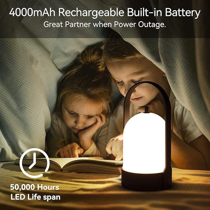 Tubicen Portable LED Cordless Rechargeable Lantern Table Lamp, 4000mAh Powerful Battery Operated Black Bedside Table Lamp, 4 Levels Touch Dimmable Night Light for Home Camping Restaurant Desk Balcony