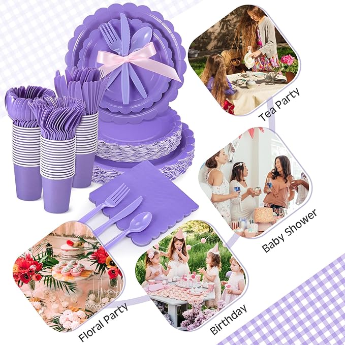 350 Pcs Purple Plates and Napkins, 50 Guest Lavender Party Supplies Include Scalloped Paper Plates Napkins Cups Plastic Spoons Forks Knives Disposable Tableware Set for Baby Shower