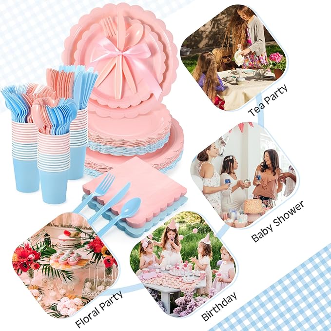 350 Pcs Pink Blue Plates and Napkins, 50 Guest Spring Party Supplies Include Scalloped Paper Plates Napkins Cups Plastic Spoons Forks Knives Disposable Tableware Set for Baby Shower