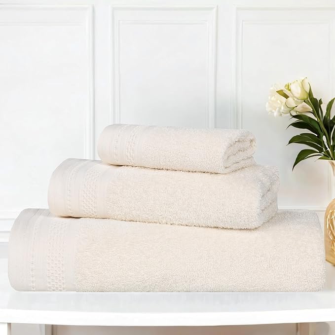Superior Honeycomb Cotton Medium Weight Towels, for Guest Bath, Master Bathroom, Shower, Quick Dry, Adults, Home Essentials, Textured Waffle Border, Assorted Towel Set, 3 Piece Towel Set, Ivory