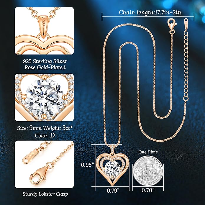 Moissanite Heart Pendant Necklaces for Women, 925 Sterling Silver Gold Plating Lab-Created Gem Necklace Engraved with 'I LOVE YOU', Ideal Anniversary Birthday Christmas Valentine Engagements Mothers Day Jewelry Gifts for Mom Wife Girlfriend Daughter Her