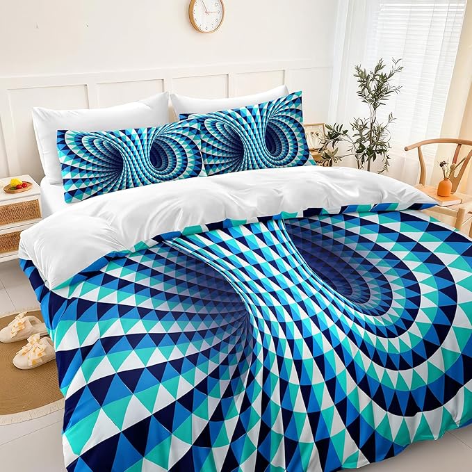 Bedorm Triangle Geometric Comforter Set 3D Abstract Bedding Set with Sheet Set Aqua Blue Triangle Tunnel Aesthetic Comforter Modern Psychedelic Bedding Comforter Set Queen