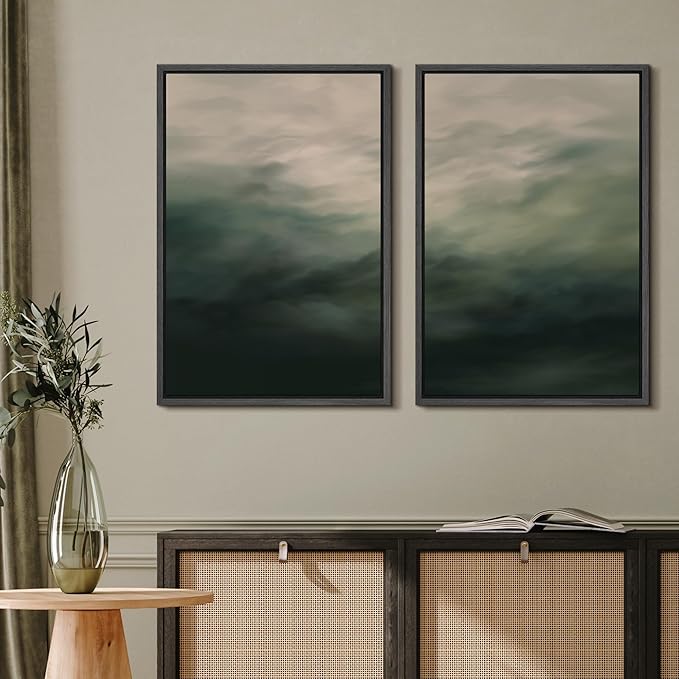 MUDECOR Framed Canvas Print Wall Art Dark Green Abstract Misty Landscape Moody Illustrations Modern Art Decorative Chic for Living Room, Bedroom, Office - 16"x24"x2 Black
