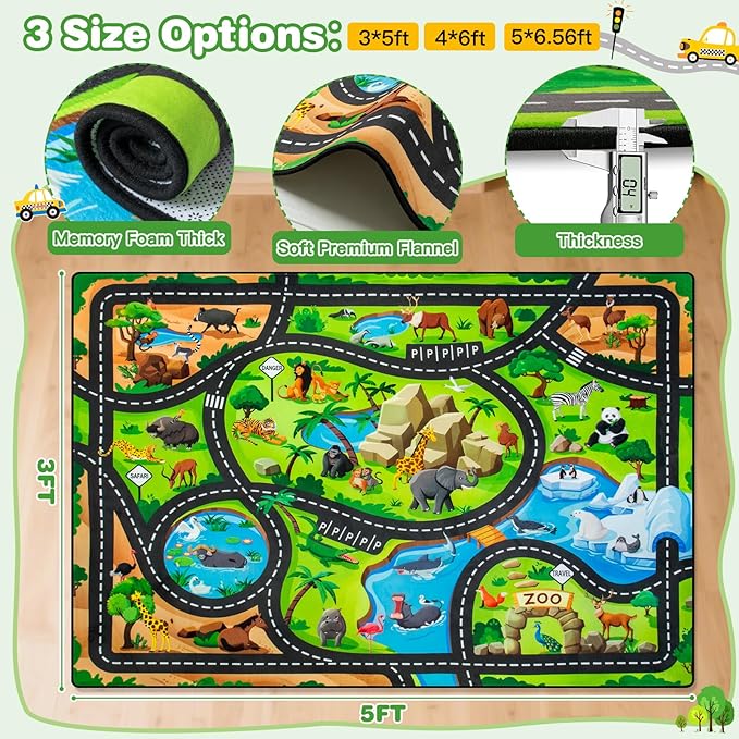 Kids Rug, 3x5 Ft Animal Car Rugs for Kids Toy Cars, Extra Thick (0.4in) - Non-Slip Zoo Road Mat Carpet for Playroom & Bedroom, Educational Learning & Game Area