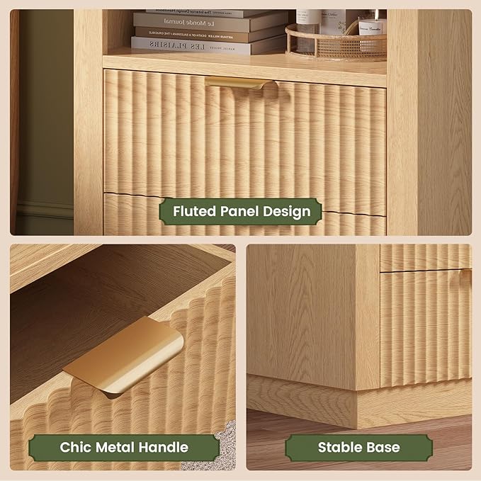 ADORNEVE Tall Fluted Nightstand Set of 2, Side Table with Drawers & Open Shelf, Mid Century Modern Night Stand with Metal Handle, Bedside End Table for Bedroom,Living Room,Natural Oak