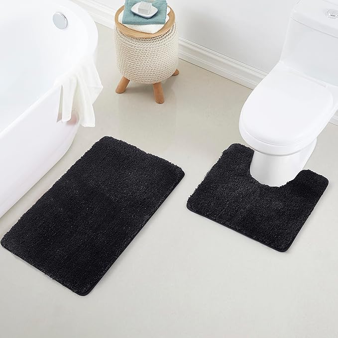 Bathroom Rug Set 2Piece, Thick &Soft Microfiber Shaggy, U Shaped Contour, Machine Washable Bath Mats, Absorbent Bath Rugs, Non-Slip Rubber Backing Bath Mat for Bathroom Floor, Tub and Shower, Black