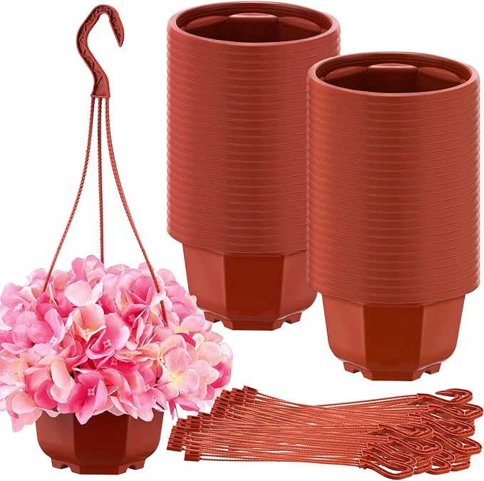 Roshtia 50 Pcs Plastic Hanging Plant Pots with Hooks Flower Pots Baskets Outdoor Hanging Nursery Planter Holder for Home Garden Balcony Porch(Brown,5.9 inch)
