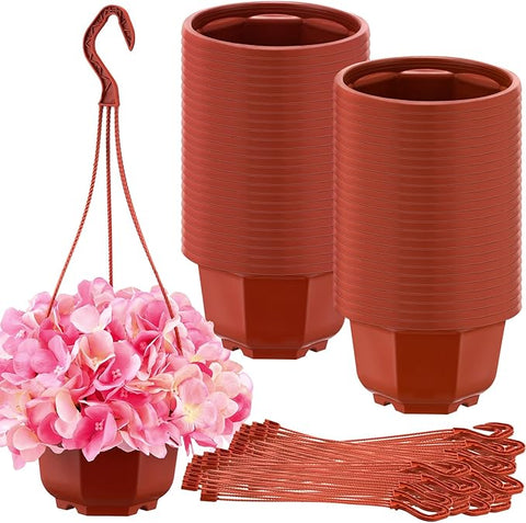 Roshtia 50 Pcs Plastic Hanging Plant Pots with Hooks Flower Pots Baskets Outdoor Hanging Nursery Planter Holder for Home Garden Balcony Porch(Brown,5.9 inch)