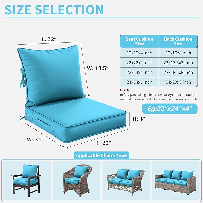 Premium Outdoor Seat Cushion Chair Cushions for Patio Furniture 22 L X 24 W X 4 H Waterproof & Fade Resistant Deep Seat and Backrest Cushion Set with Removable Covers for Chair, Sofa