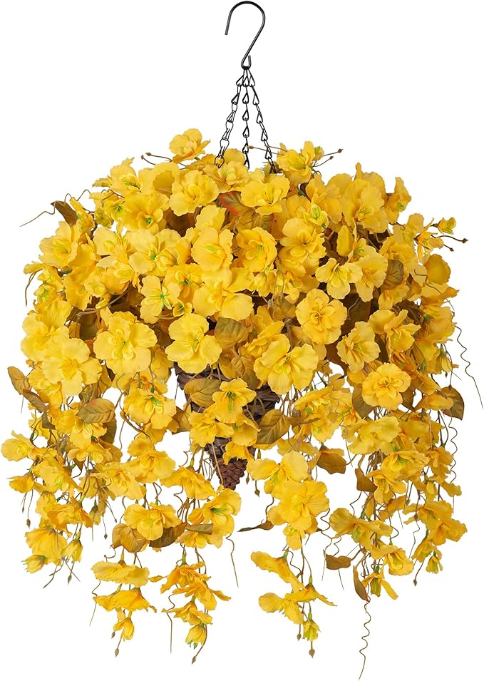 Ivydale Artificial Fall Hanging Flowers with Basket for Outdoors Decoration, Fake Hibiscus Vines Faux Plants Realistic Silk Flowers for Planters Outside Home Patio Porch Balcony, Fall Yellow