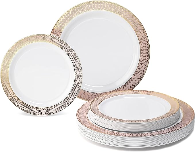 " OCCASIONS " 50 Plates Pack (25 Guests)-Wedding Party Disposable Plastic Plate Set -25 x 10'' Dinner + 25 x 7.5'' Salad/Dessert plates (Venice in White/Blush/Peach & Gold)