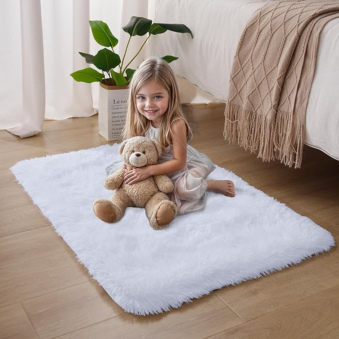 Small Bedside Rug, 2x3 Non Slip Fluffy Shaggy Entryway Throw Rugs for Bedroom Living Room, Indoor Floor Carpet for Kids Girls and Boys, Nursery Rooms Mat, Home Decor Aesthetic, White