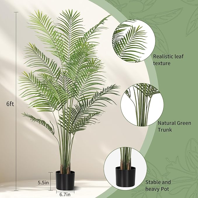 Artificial Palm Tree 6ft Tall Fake Palm Tree Indoor Decor Faux Tropical Areca Floor Plant in Pot, Artificial Silk Plant for Home Office Living Room Decor Indoor