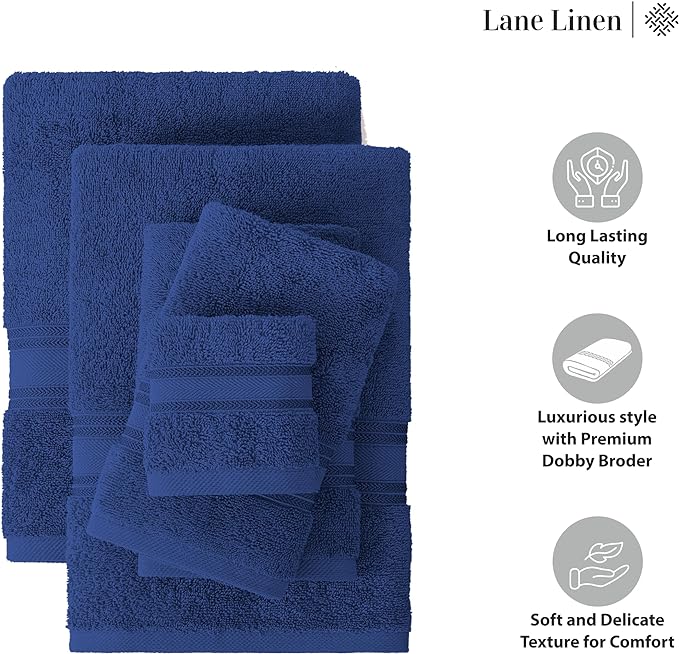 LANE LINEN 100% Cotton Luxury Bathroom Towel Set - 18 Pcs - Zero Twist, Quick Dry, Super Soft & Absorbent - 6 Bath, 6 Washcloths, 6 Hand Towels - Remains Fluffy Even After Multiple Washes - Navy Blue