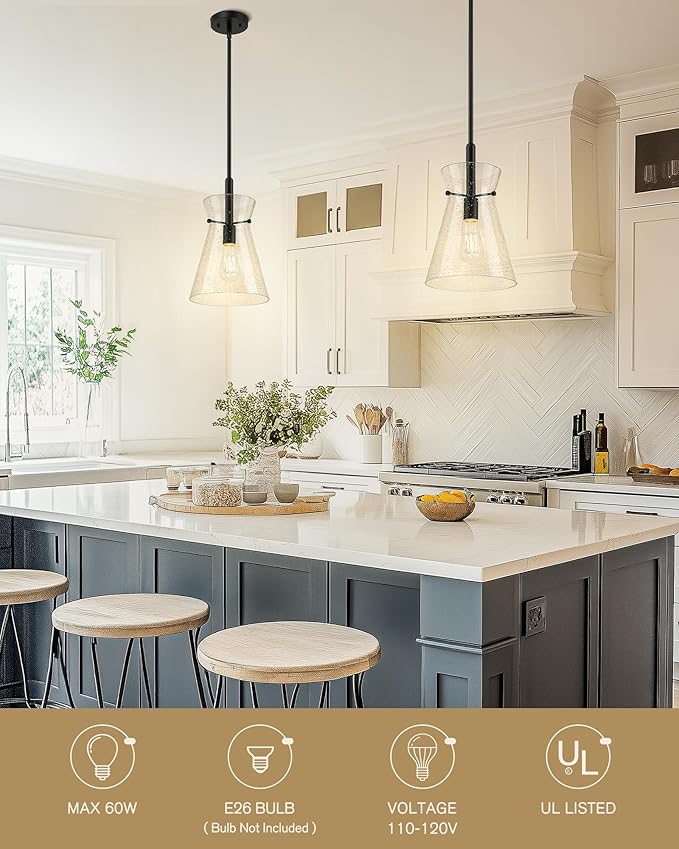 Emak 9 Inch Large Pendant Lights Kitchen Island, Black Pendant Light Fixtures with Seeded Glass Shade, Modern Farmhouse Island Lights for Kitchen, Dining Room, PL130-BK-SG