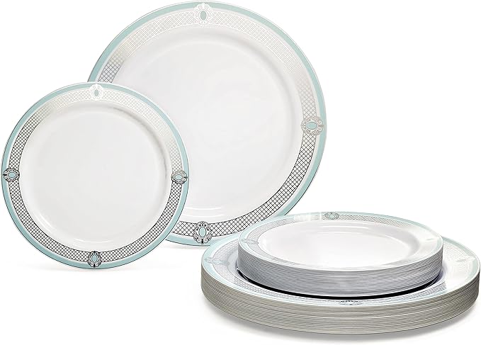 " OCCASIONS " 50 Plates Pack (25 Guests)-Wedding Party Disposable Plastic Plate Set -25 x 10.25'' Dinner + 25 x 7.5'' Salad & Dessert plates (Royal in White/Green & Silver)