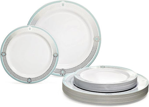" OCCASIONS " 50 Plates Pack (25 Guests)-Wedding Party Disposable Plastic Plate Set -25 x 10.25'' Dinner + 25 x 7.5'' Salad & Dessert plates (Royal in White/Green & Silver)
