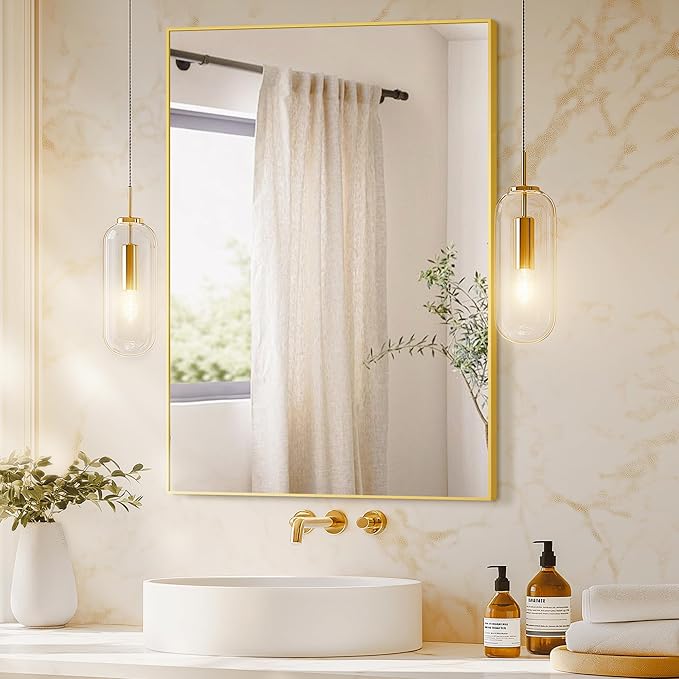 Bathroom Vanity Mirror for Wall, 36" x 24" Metal Framed Rectangular Bathroom Wall Mirror for Over Sink, HD Shatterproof Glass, Hangs Horizontally or Vertically(Gold)