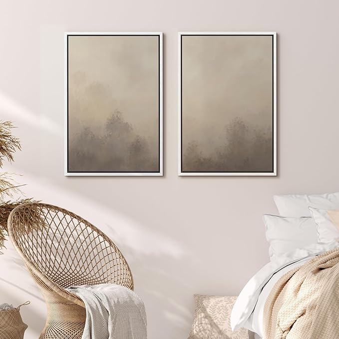 MUDECOR Framed Canvas Print Wall Art Set Neutral Misty Forest Illustrations Modern Art Decorative Bohemian Zen for Living Room, Bedroom, Office - 24"x36"x2 White