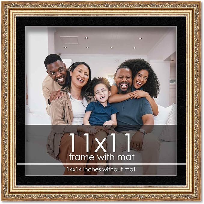 11x11 Frame with Mat - Antique Gold 14x14 Frame Wood Made to Display Print or Poster Measuring 11 x 11 Inches with Black Photo Mat