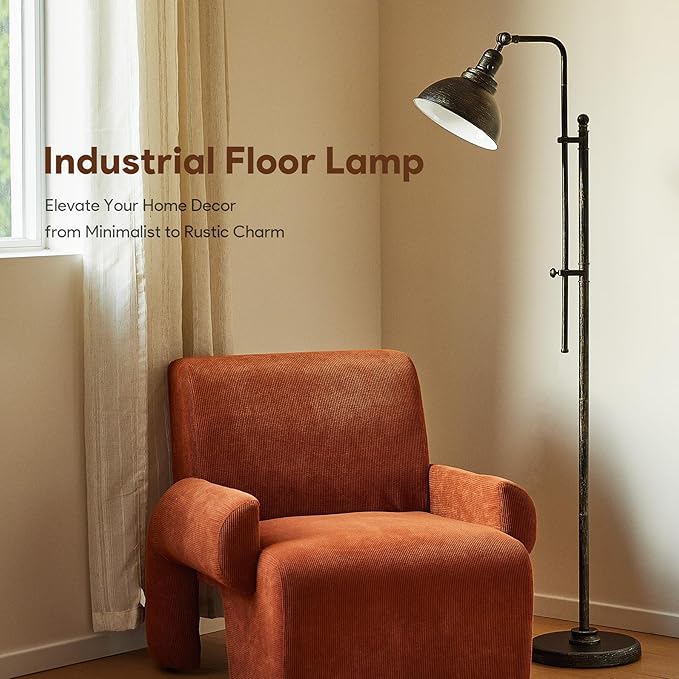 VONLUCE Floor Lamp for Living Room, 65'' Tall Industrial Floor Lamp, Adjustable Height & Head Vintage Metal Standing Reading Pole Lamp for Bedroom, Office, Farmhouse