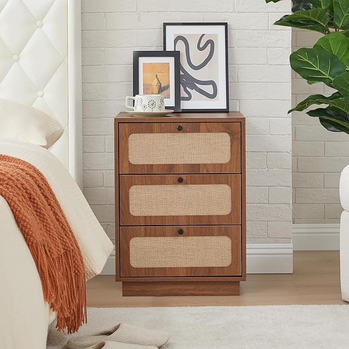 Nightstand with 3 Drawers Set of 2, Mid Century Modern Night Stand with Linen Drawers & Stable Legs, Wood Rustic Bedside Table End Table Side Table for Bedroom, Walnut