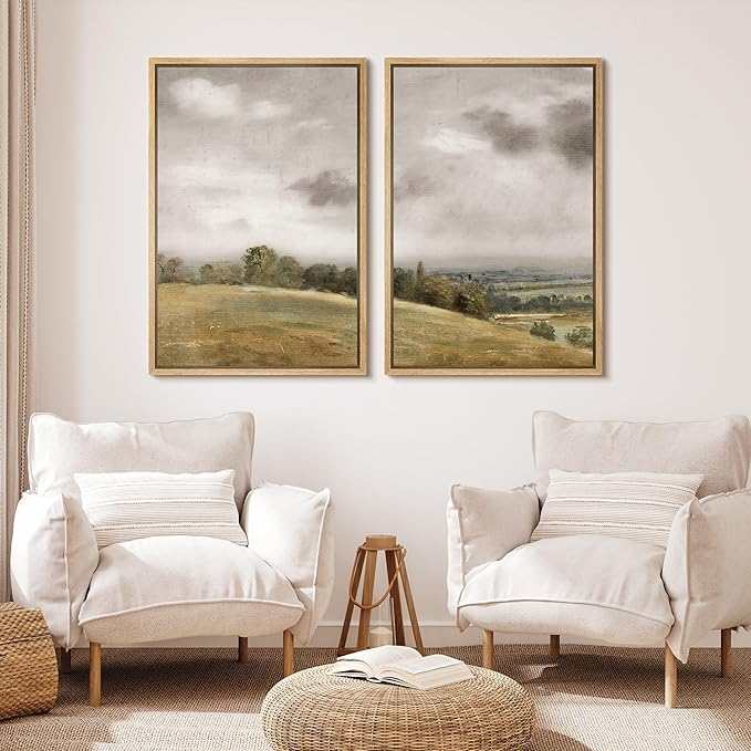 MUDECOR Framed Canvas Print Wall Art Gentle Hills and Distant Storm Tranquil Pastoral Nature Wilderness Illustrations Realism Decorative Scenic for Living Room, Bedroom, Office - 16"x24"x2 Natural