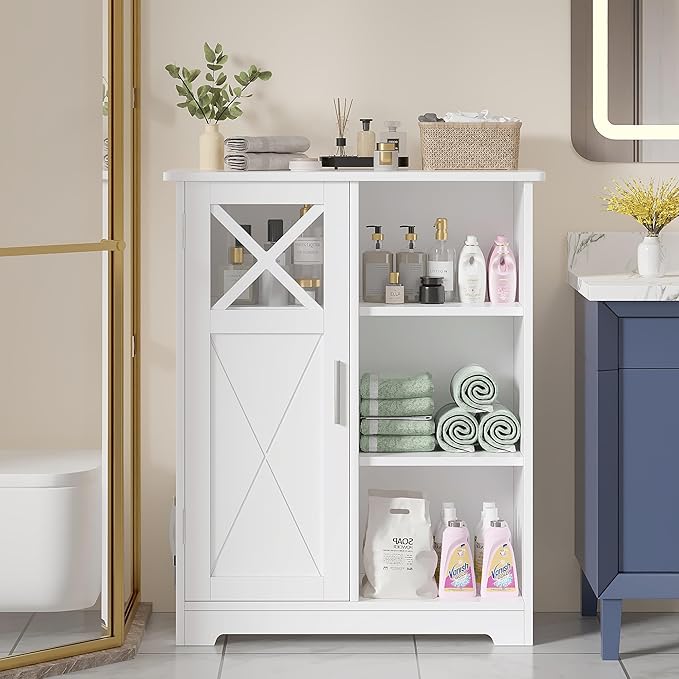 VECELO Bathroom Floor Storage Cabinet with 2 Adjustable Shelves, Freestanding Cabinet with 1 Door & 3 Open Compartments for Bathroom, White