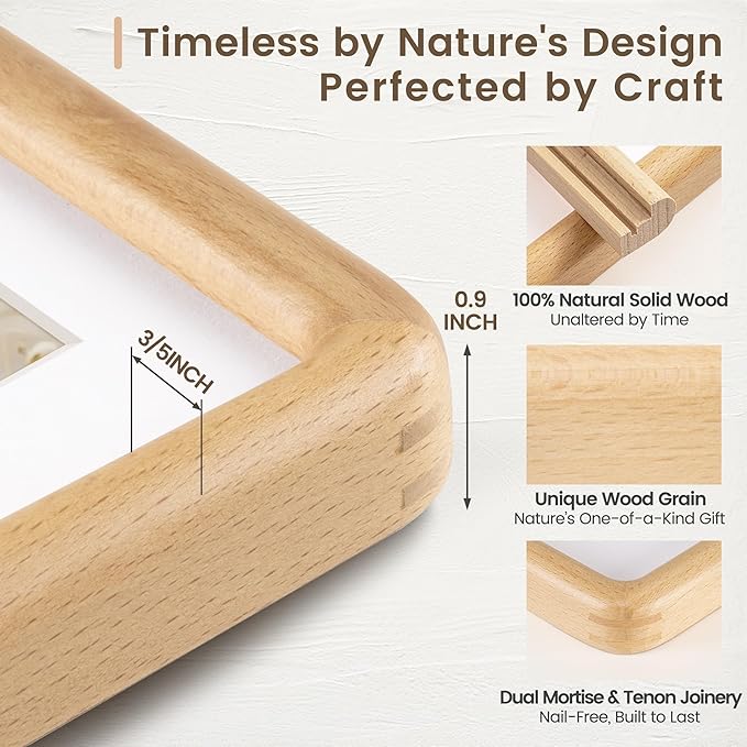 11x14 Picture Frame, Solid Beech Wood Frame with Real Glass, Hard Wood 11 by 14 Photo Frame for Wall & Tabletop Display, 11x14 Picture Frame Matted to 8x10, Natural Beech Color