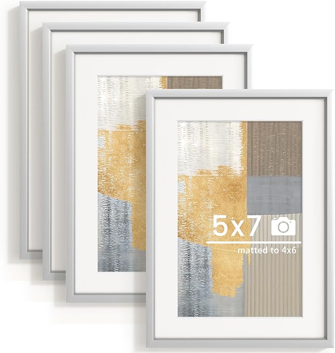 5x7 inch Metal Picture Frame - 5 x 7 Thin Aluminum Photo Frames with 4x6 Removable Mat - High Definition Plexiglass - Ideal for Wall or Tabletop Display - Silver, Set of 4