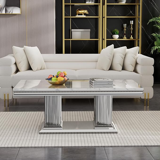 SSLine Rectangular Faux Marble Coffee Table for Living Room Modern Luxury White Marble Center Table with Silver Pedestal Base 46.8" Mid-Century Cocktail Table with Mirrored Stainless Steel Frame