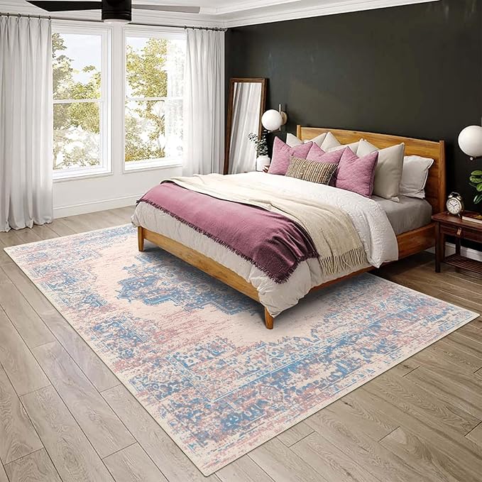 vivorug 6x9 Area Rugs, Ultra-Soft Washable Rug for Living Room Dinner Room Bedroom, Non-Slip Vintage Rug, Indoor Carpet Large Area Rug, Pink