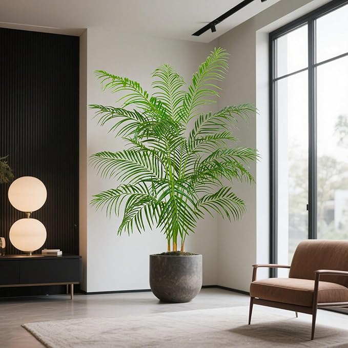 Artificial Palm Tree Artificia Plants Indoor Fake Trees Tropical Fake Plam Tree Floor Plant in Pot with Trunks & Real Bark Design Faux Palm Plant for Outdoor Home Room Decor (Black, 7FT)