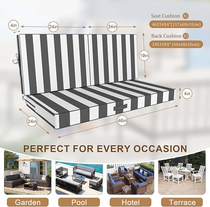 Outdoor Loveseat Cushion Set 46 x 26 Inch, Waterproof & Fade-Resistant Deep Seat Patio Cushions with Removable Cover, Ties & Hidden Zipper,Patio Love Seat Sofa Cushions for Sofa Bench Couch,GrayStripe