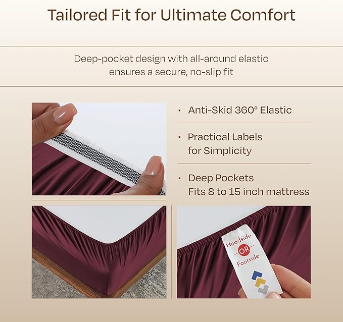 California Design Den Split King Sheets Set - Luxury Hotel 800 Thread Count Sateen, Soft and Natural 100% Cotton Sheets, Deep Pockets with Anti-Skid Elastic for a Snug Fit, Cool and Durable - Red Wine
